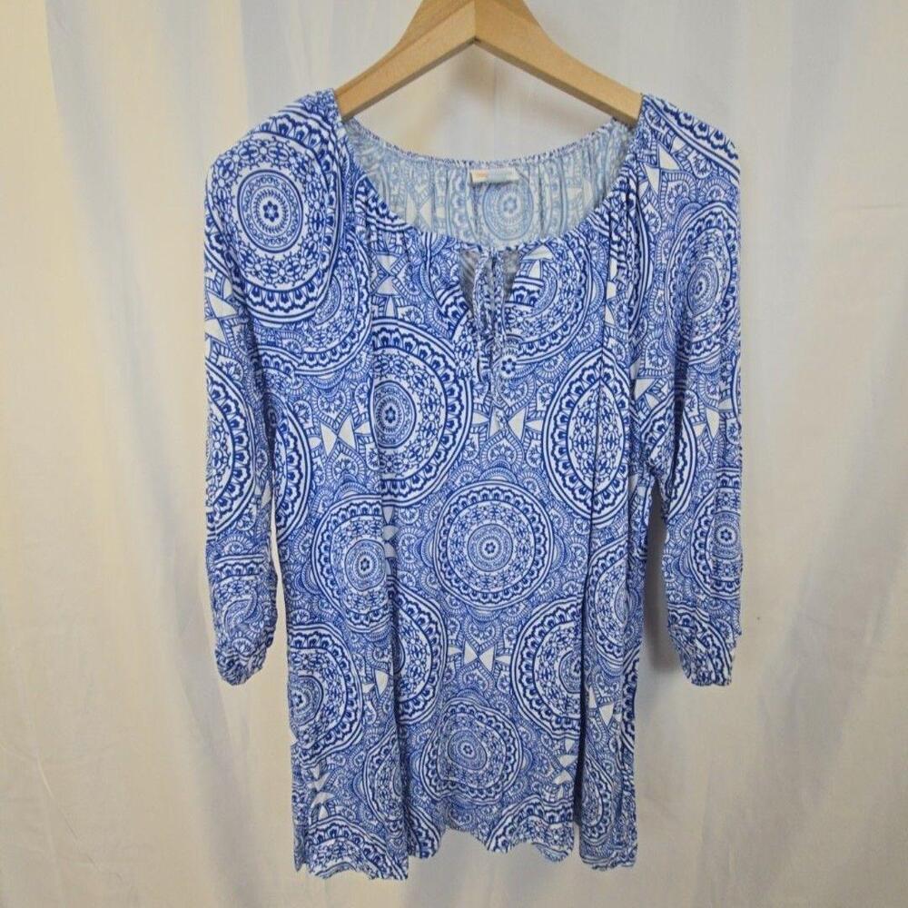 LuLaRoe Blouse Womens 2XL Blue Geometric Print 3/4 Sleeve Keyhole Tunic Top